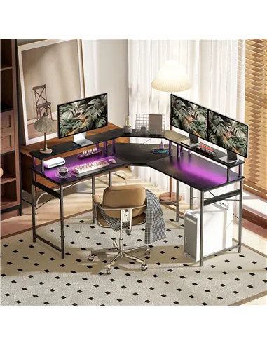 HOMCOM 'L' Shaped Work Desk, with LED Lights - Black