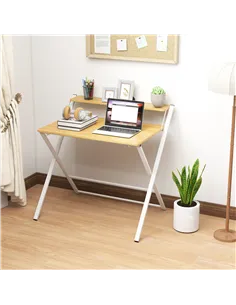 HOMCOM Compact Folding Desk for Small Spaces, Foldable Computer Desk with Storage Shelf for Home Office, 2-Tier Study Writing Ta 2
