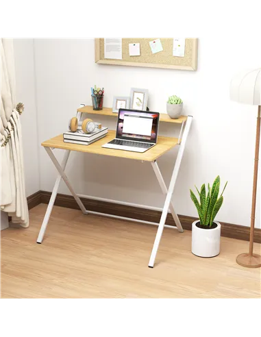 HOMCOM Compact Folding Desk for Small Spaces, Foldable Computer Desk with Storage Shelf for Home Office, 2-Tier Study Writing Ta