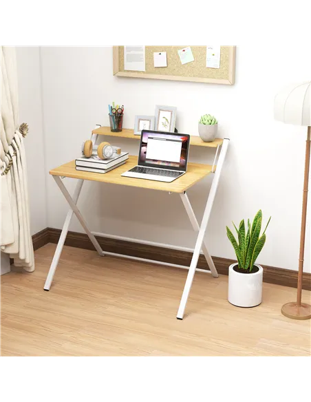 HOMCOM Compact Folding Desk for Small Spaces, Foldable Computer Desk with Storage Shelf for Home Office, 2-Tier Study Writing Ta