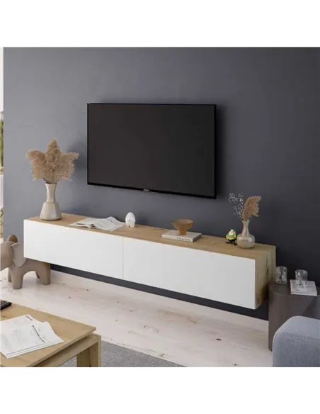 Reyes Nordic Oak Effect And White Wall Mounted Floating Wide Large TV Unit, 3255