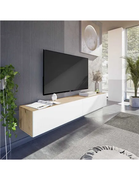 Reyes Nordic Oak Effect And White Wall Mounted Floating Wide Large TV Unit, 3255