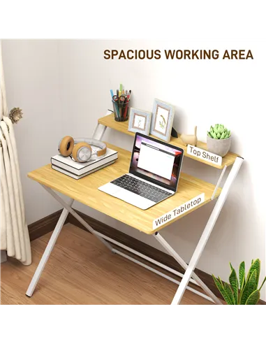 HOMCOM Compact Folding Desk for Small Spaces, Foldable Computer Desk with Storage Shelf for Home Office, 2-Tier Study Writing Ta