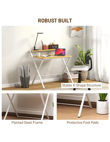 HOMCOM Compact Folding Desk for Small Spaces, Foldable Computer Desk with Storage Shelf for Home Office, 2-Tier Study Writing Ta