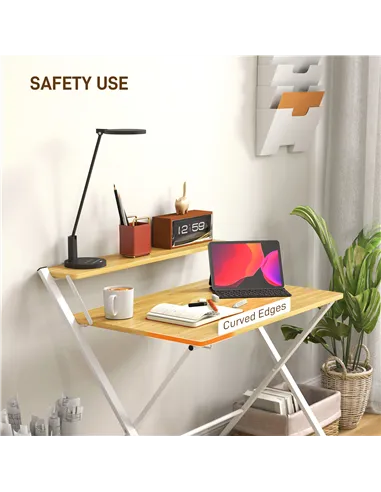 HOMCOM Compact Folding Desk for Small Spaces, Foldable Computer Desk with Storage Shelf for Home Office, 2-Tier Study Writing Ta