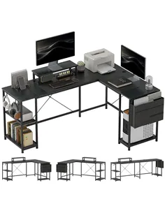 HOMCOM 168cm Reversible L Shaped Desk, Industrial Corner Computer Desk with Adjustable Shelf and Storage Bag, 240cm 2 Person PC 