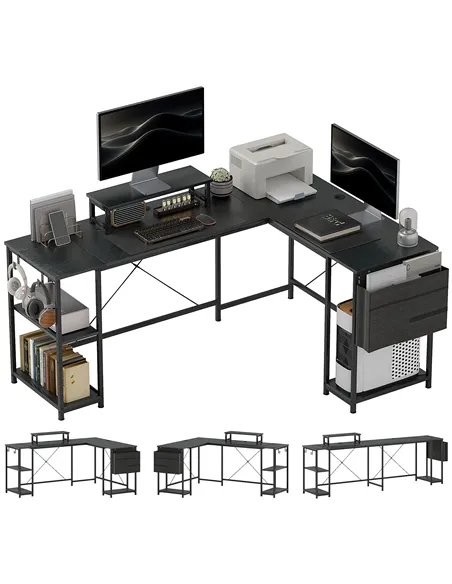 HOMCOM 168cm Reversible L Shaped Desk, Industrial Corner Computer Desk with Adjustable Shelf and Storage Bag, 240cm 2 Person PC 