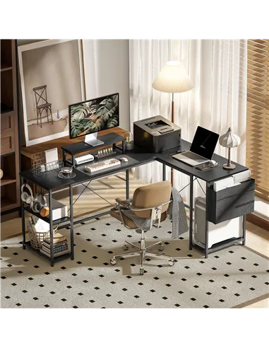 HOMCOM 168cm Reversible L Shaped Desk, Industrial Corner Computer Desk with Adjustable Shelf and Storage Bag, 240cm 2 Person PC 