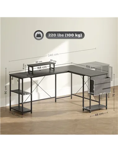 HOMCOM 168cm Reversible L Shaped Desk, Industrial Corner Computer Desk with Adjustable Shelf and Storage Bag, 240cm 2 Person PC 