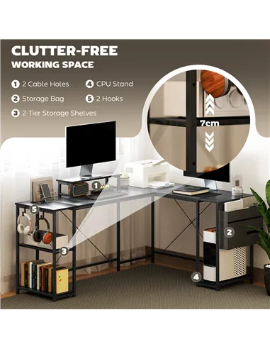 HOMCOM 168cm Reversible L Shaped Desk, Industrial Corner Computer Desk with Adjustable Shelf and Storage Bag, 240cm 2 Person PC 