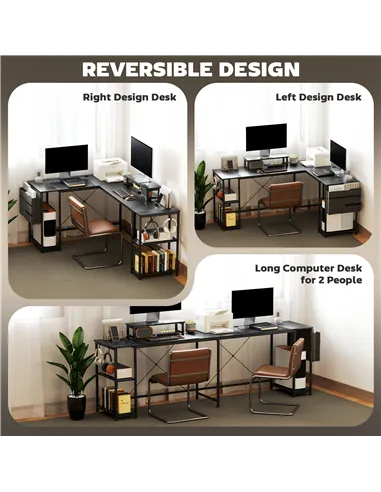 HOMCOM 168cm Reversible L Shaped Desk, Industrial Corner Computer Desk with Adjustable Shelf and Storage Bag, 240cm 2 Person PC 
