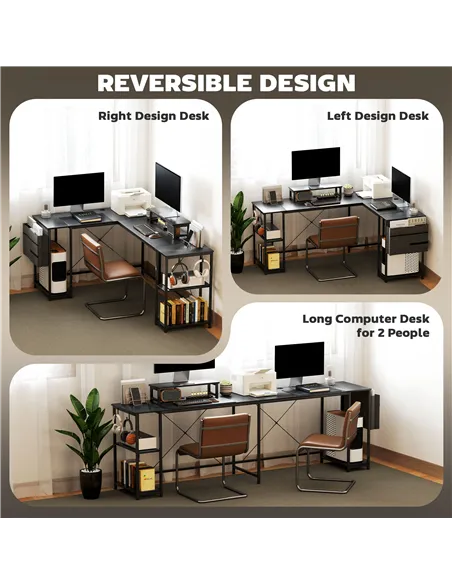 HOMCOM 168cm Reversible L Shaped Desk, Industrial Corner Computer Desk with Adjustable Shelf and Storage Bag, 240cm 2 Person PC 
