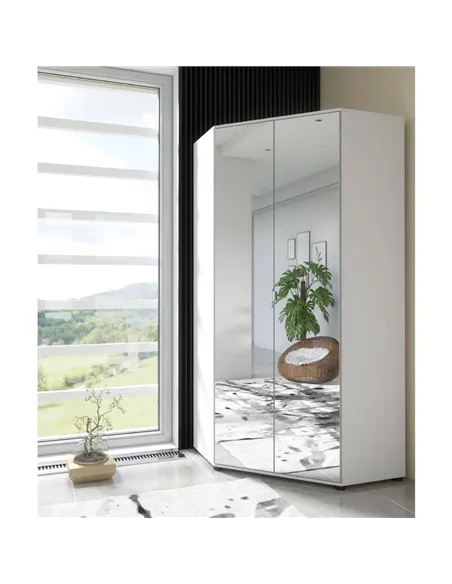 Santino Full Mirrored and White 2 Door Corner Wardrobe, 2292