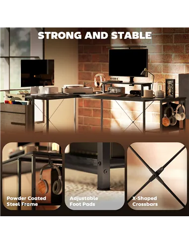 HOMCOM 168cm Reversible L Shaped Desk, Industrial Corner Computer Desk with Adjustable Shelf and Storage Bag, 240cm 2 Person PC 