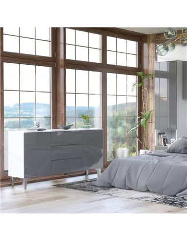 Santino Grey High Gloss And White 2 Door & 3 Drawer Wide Sideboard, 3236
