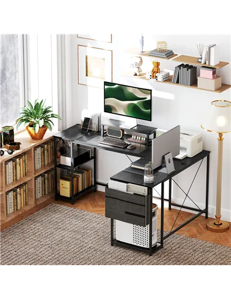 HOMCOM 168cm Reversible L Shaped Desk, Industrial Corner Computer Desk with Adjustable Shelf and Storage Bag, 240cm 2 Person PC 