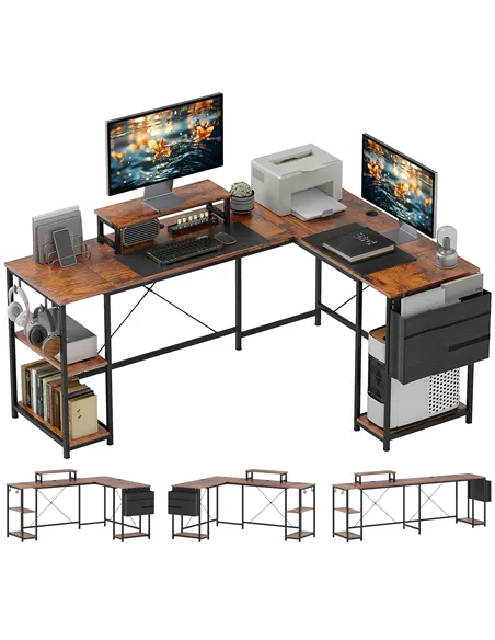 HOMCOM 168cm Reversible L Shaped Desk, Industrial Corner Computer Desk with Adjustable Shelf and Storage Bag, 240cm 2 Person PC 