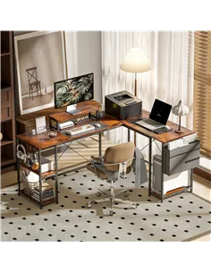 HOMCOM 168cm Reversible L Shaped Desk, Industrial Corner Computer Desk with Adjustable Shelf and Storage Bag, 240cm 2 Person PC  2