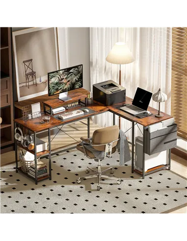 HOMCOM 168cm Reversible L Shaped Desk, Industrial Corner Computer Desk with Adjustable Shelf and Storage Bag, 240cm 2 Person PC 