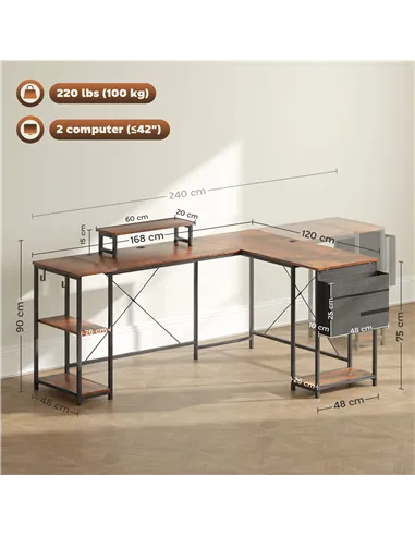HOMCOM 168cm Reversible L Shaped Desk, Industrial Corner Computer Desk with Adjustable Shelf and Storage Bag, 240cm 2 Person PC 