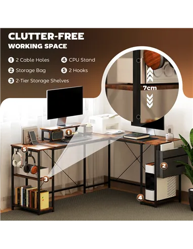 HOMCOM 168cm Reversible L Shaped Desk, Industrial Corner Computer Desk with Adjustable Shelf and Storage Bag, 240cm 2 Person PC 