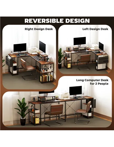 HOMCOM 168cm Reversible L Shaped Desk, Industrial Corner Computer Desk with Adjustable Shelf and Storage Bag, 240cm 2 Person PC 