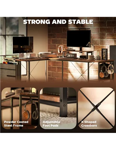 HOMCOM 168cm Reversible L Shaped Desk, Industrial Corner Computer Desk with Adjustable Shelf and Storage Bag, 240cm 2 Person PC 