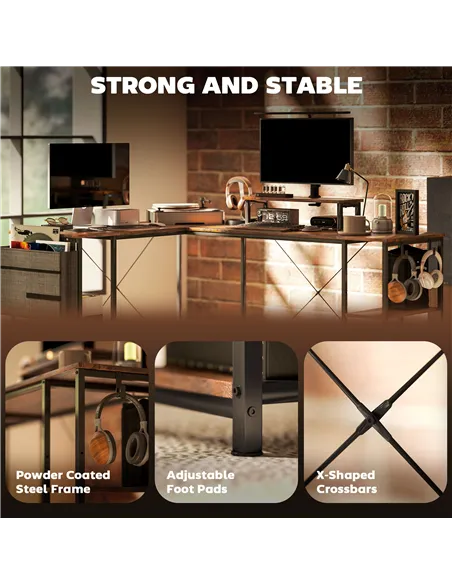 HOMCOM 168cm Reversible L Shaped Desk, Industrial Corner Computer Desk with Adjustable Shelf and Storage Bag, 240cm 2 Person PC 