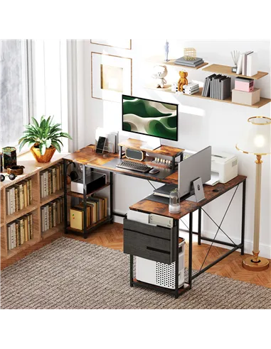 HOMCOM 168cm Reversible L Shaped Desk, Industrial Corner Computer Desk with Adjustable Shelf and Storage Bag, 240cm 2 Person PC 
