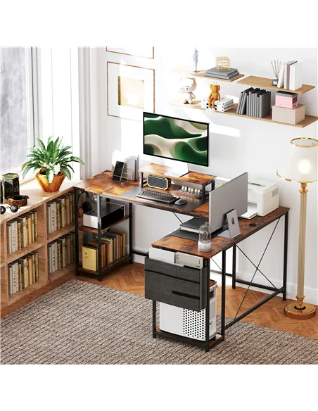 HOMCOM 168cm Reversible L Shaped Desk, Industrial Corner Computer Desk with Adjustable Shelf and Storage Bag, 240cm 2 Person PC 