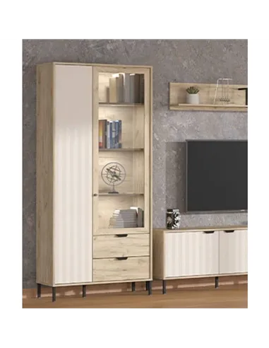 Vivea Grey Oak Effect And Cashmere Slatted 2 Door Display Cabinet, 3438