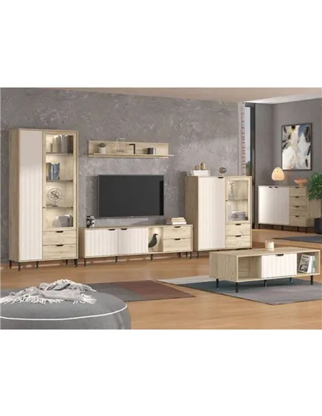 Vivea Grey Oak Effect And Cashmere Slatted 2 Door Display Cabinet, 3438