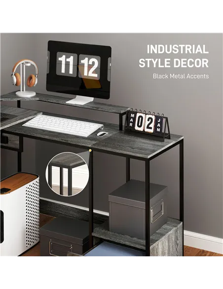 HOMCOM Industrial 'L' Shaped Multi-Work Desk - Charcoal Grey