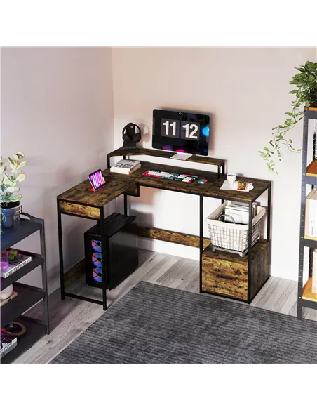 HOMCOM Industrial 'L' Shaped Multi-Work Desk - Brown