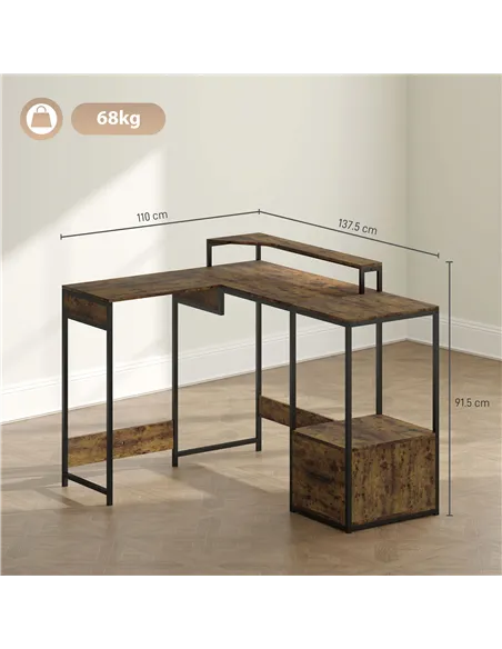 HOMCOM Industrial 'L' Shaped Multi-Work Desk - Brown