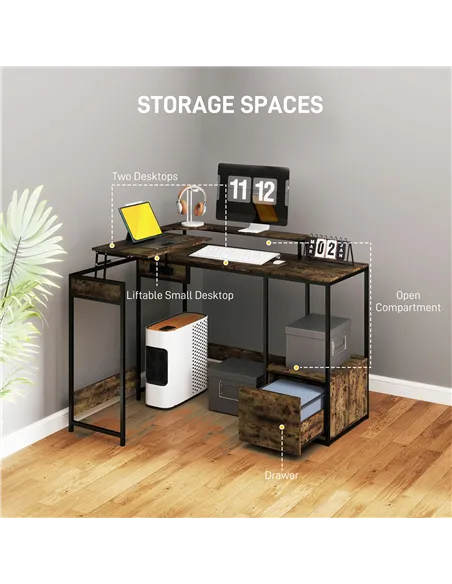 HOMCOM Industrial 'L' Shaped Multi-Work Desk - Brown