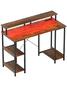HOMCOM LED Computer Desk, with Power Outlets and Shelves - Rustic Brown