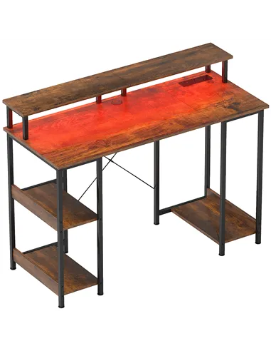 HOMCOM LED Computer Desk, with Power Outlets and Shelves - Rustic Brown