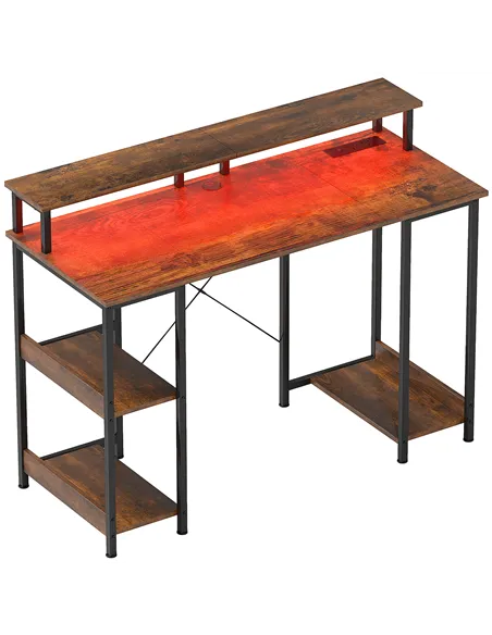 HOMCOM LED Computer Desk, with Power Outlets and Shelves - Rustic Brown