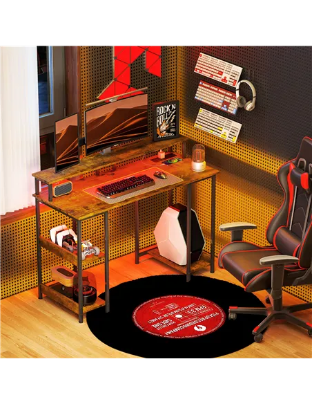 HOMCOM LED Computer Desk, with Power Outlets and Shelves - Rustic Brown