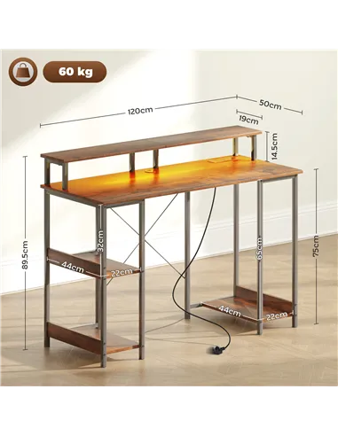 HOMCOM LED Computer Desk, with Power Outlets and Shelves - Rustic Brown