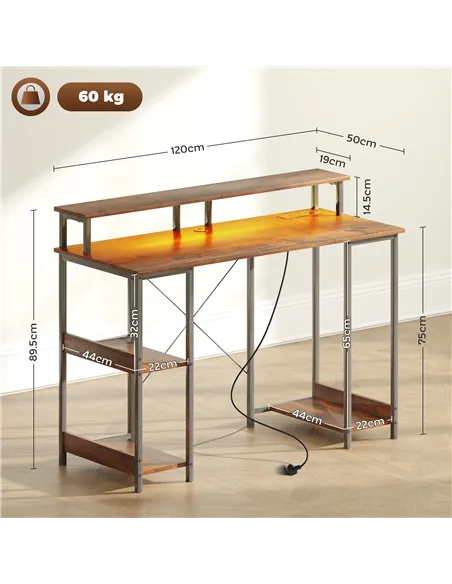 HOMCOM LED Computer Desk, with Power Outlets and Shelves - Rustic Brown
