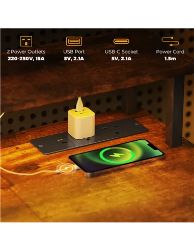 HOMCOM LED Computer Desk, with Power Outlets and Shelves - Rustic Brown