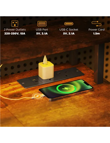 HOMCOM LED Computer Desk, with Power Outlets and Shelves - Rustic Brown