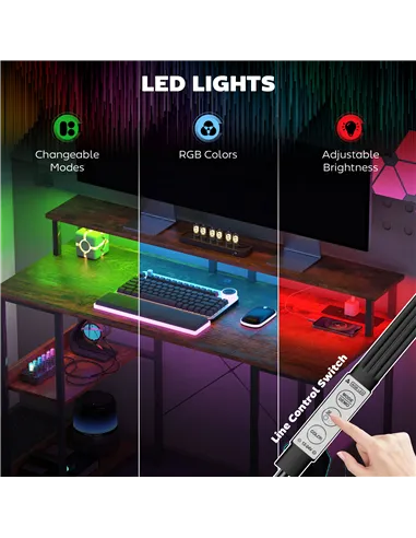 HOMCOM LED Computer Desk, with Power Outlets and Shelves - Rustic Brown