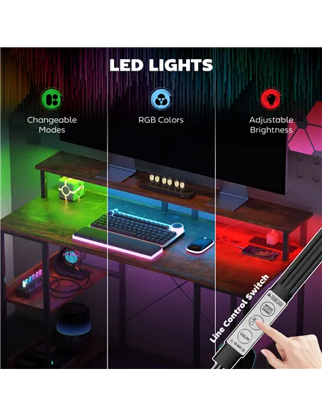 HOMCOM LED Computer Desk, with Power Outlets and Shelves - Rustic Brown