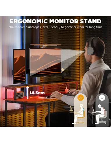 HOMCOM LED Computer Desk, with Power Outlets and Shelves - Rustic Brown