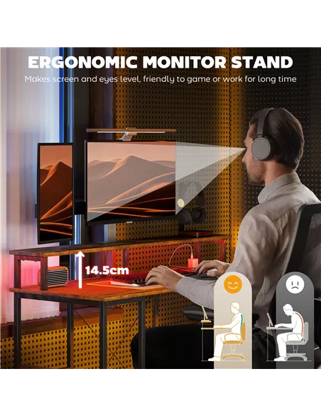 HOMCOM LED Computer Desk, with Power Outlets and Shelves - Rustic Brown