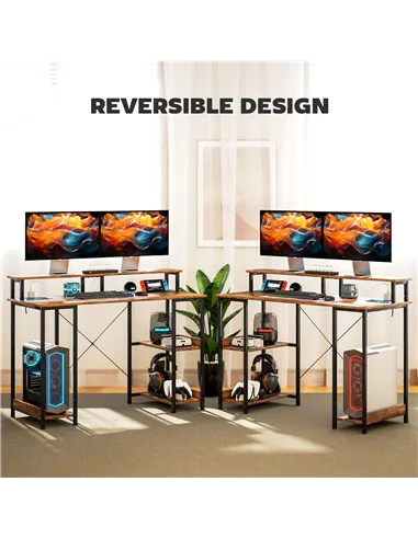 HOMCOM LED Computer Desk, with Power Outlets and Shelves - Rustic Brown