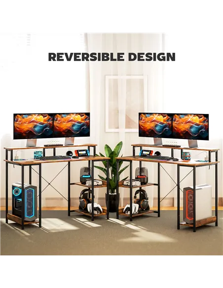 HOMCOM LED Computer Desk, with Power Outlets and Shelves - Rustic Brown